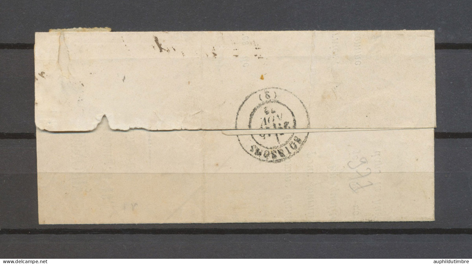 1872 Lettre Taxe N°5A 25c Typo PERCE En LIGNE CAD T17 SOISSONS. RARE N3624 - 1859-1959 Lettres & Documents