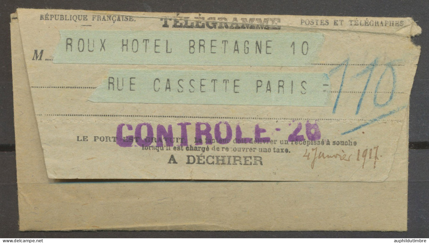 1917 Télégramme + Griffe CONTRÔLE-26  Violet. TB N3630 - 1877-1920: Période Semi Moderne