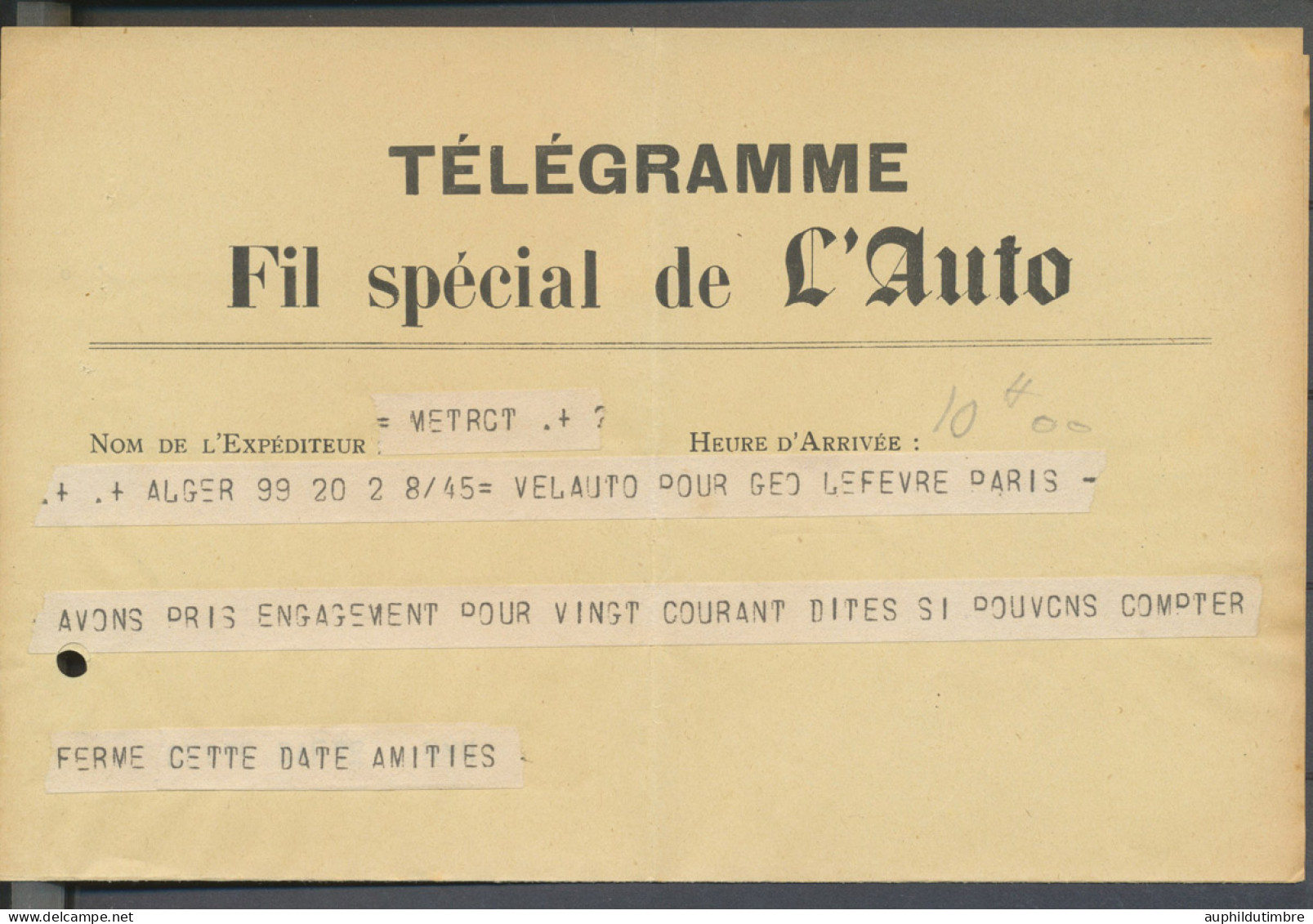 1945 TELEGRAMME "Fil Spécial De L'Auto" Pour Géo Lefevre (Tour De France) N3636 - 1921-1960: Période Moderne