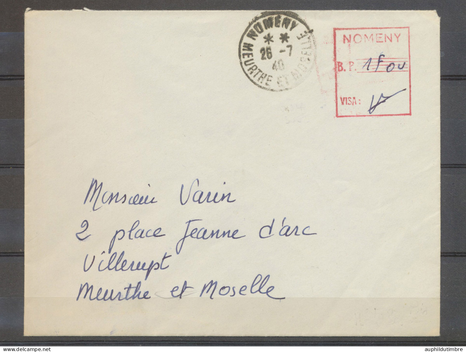 1940 Env. Cachet Provisoire NOMENY MEURTHE ET MOSELLE, Aff 1f. N3638 - 1877-1920: Période Semi Moderne