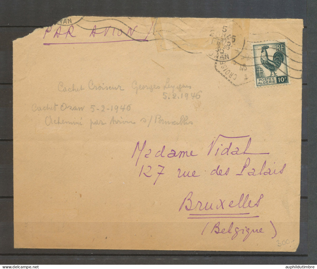 5/2/1946 Env. 10f Coq ALGERIE Obl ORAN REPECHAGE EN MER. N3639 - Lettere Accidentate