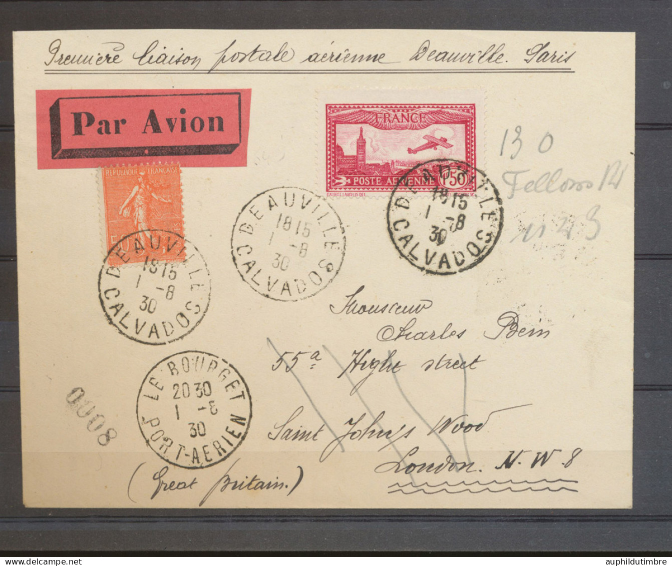 1930 Env. Première Liaison Postale AERIENNE DAUVILLE PARIS. RRR N3642 - 1921-1960: Modern Tijdperk