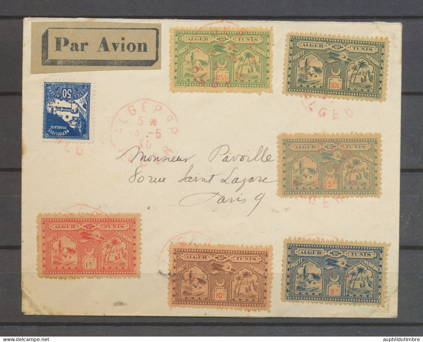 1930 ALGER TUNIS 6 Vignettes+ 1 Tp 50c Bleu Obl Rouge, Pilote MAX KNIPPING N3644 - 1921-1960: Modern Period