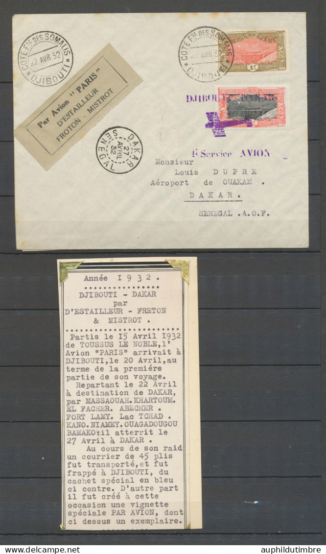 22 Au 27/04/1932 1ère Liaison Postale Aérienne DJIBOUTI-DAKAR RRR. N3649 - 1921-1960: Periodo Moderno