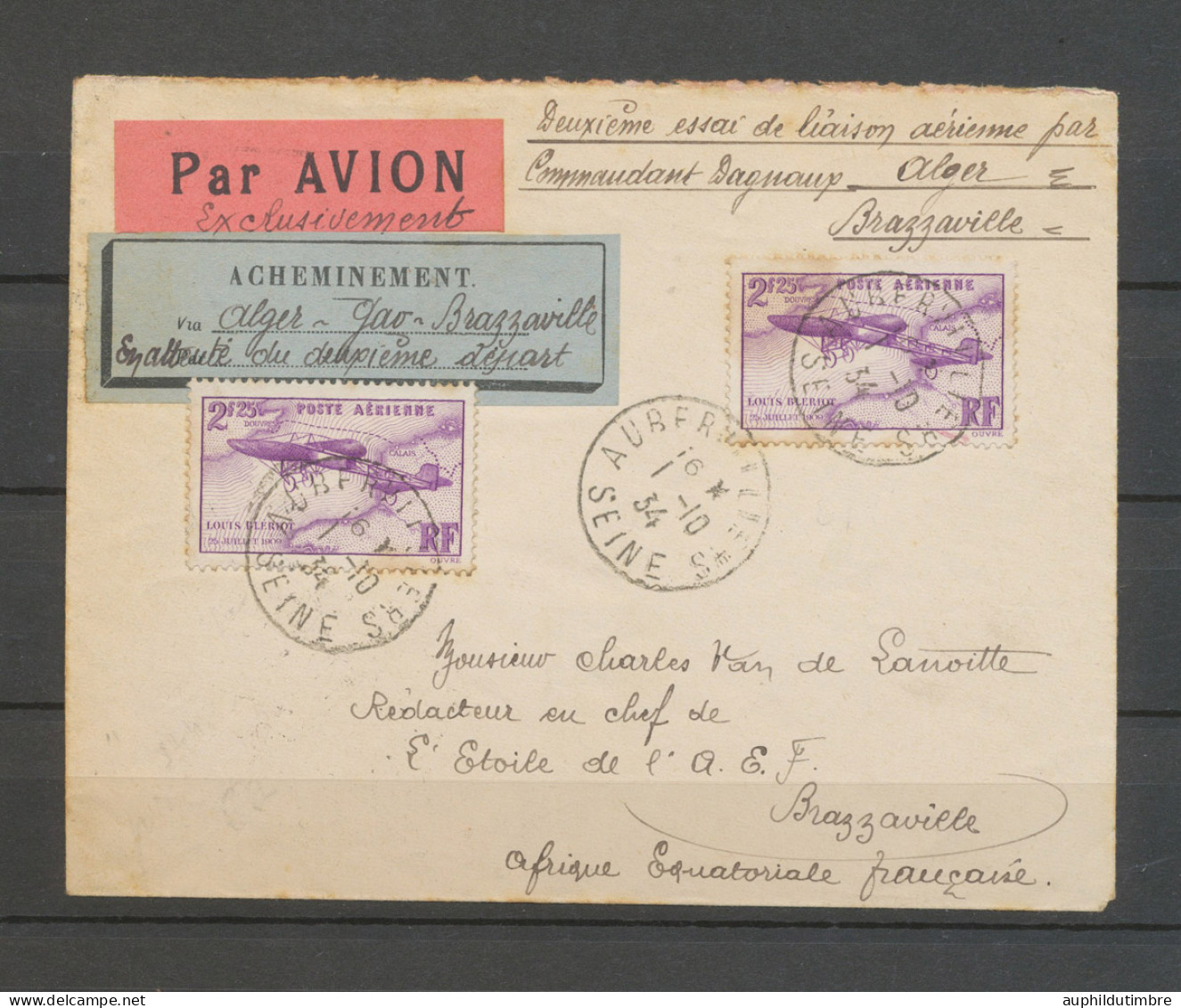 01/10/1934 , 1ère Liaison Aérienne Postale ALGER-BRAZZAVILLE, Cdt DAGNAUX. N3650 - 1921-1960: Modern Tijdperk