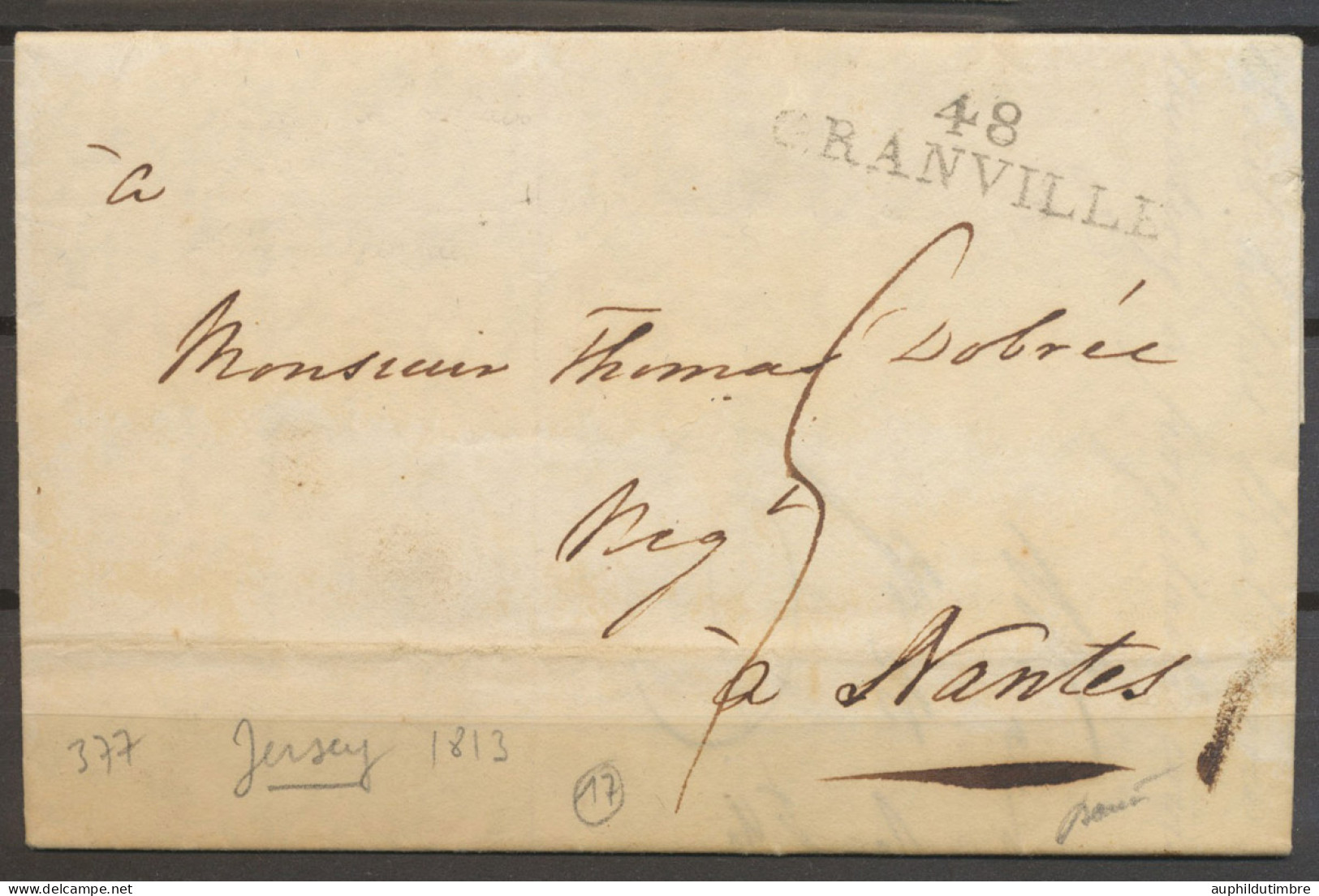 1813 Lettre De JERSEY Entrée Maritime Par 48/GRANVILLE. RARE N3653 - Correo Marítimo