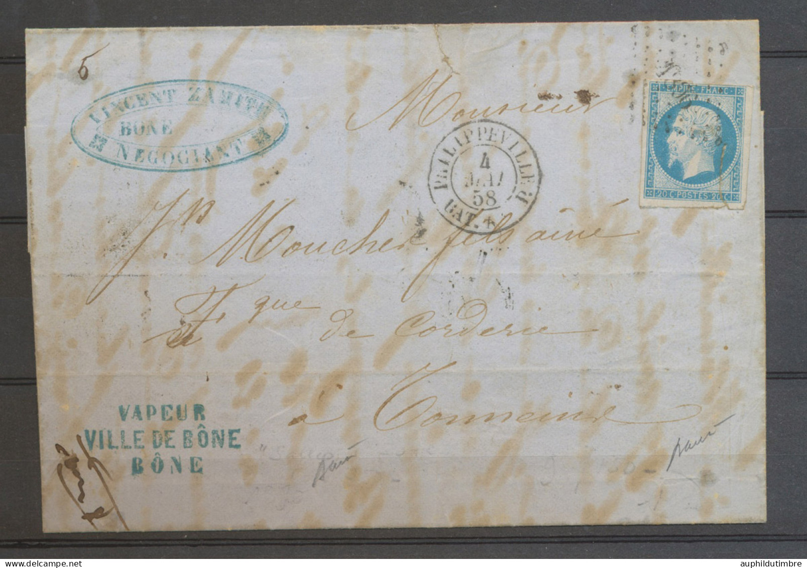 1858 Lettre N°14 Griffe Bleue VAPEUR/VILLE DE BONE/BONE TB. N3655 - Posta Marittima