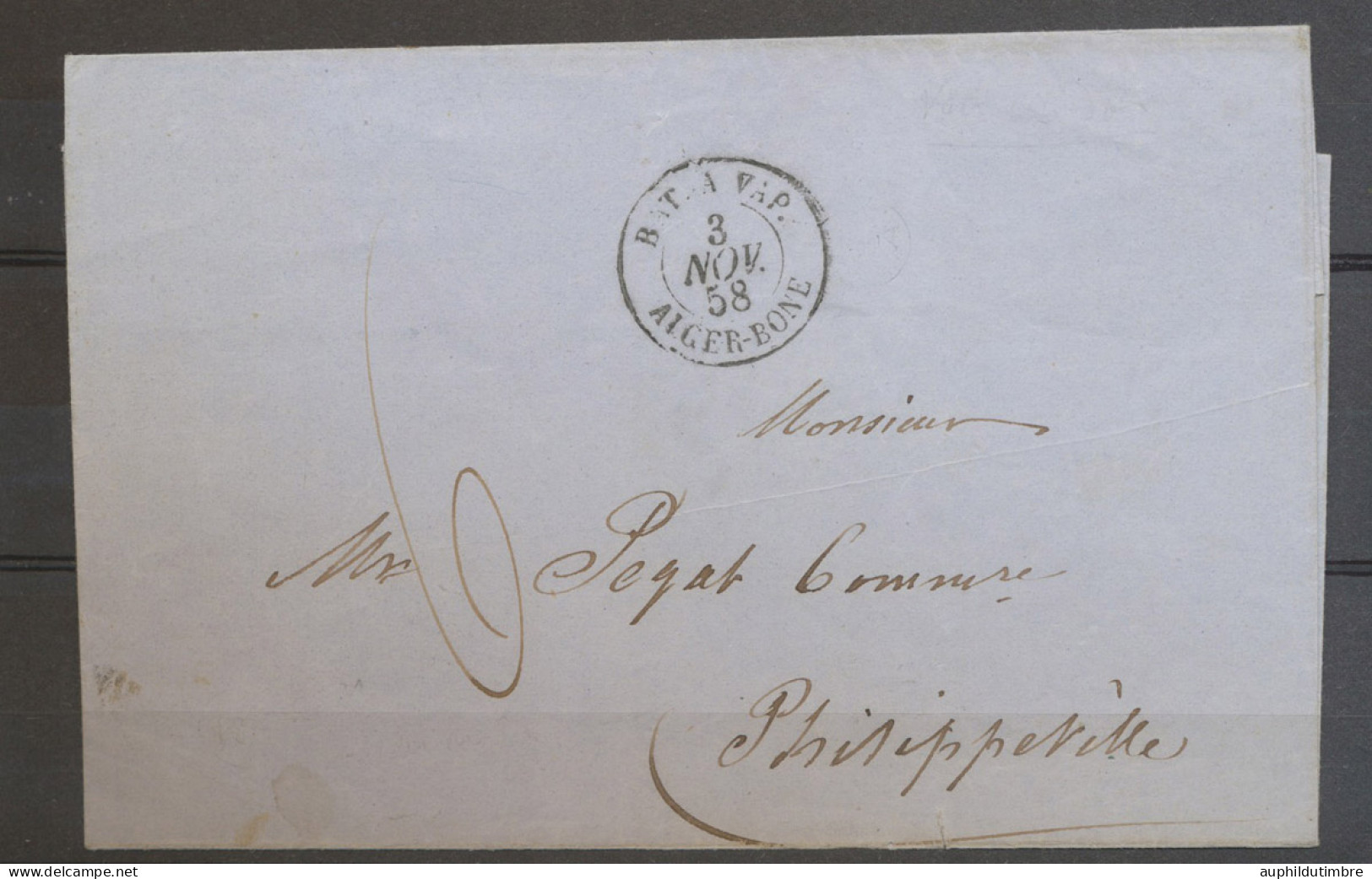 1858 LSC Taxée 6d BAT-A-VAP ALGER-BONE + CAD Dos PHILIPPEVILLE BC ALGERIE N3656 - Correo Marítimo