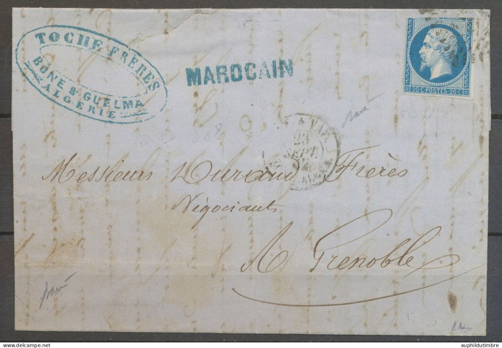 Lettre N°14 CAD BAT-A-VAP ALGER + Rare Griffe Bleue Vapeur MAROCAIN N3658 - Correo Marítimo