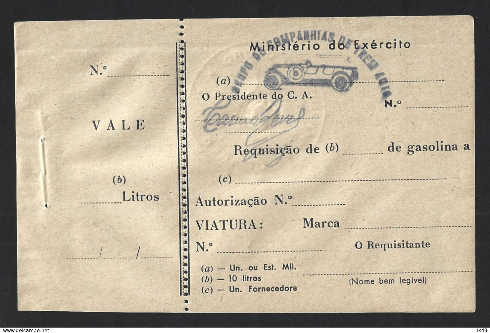 Gasoline Voucher To Fill Cars From The Ministry Of Army Of Portugal 1950. Auto Train Companies. Army Car Benzingutschein - Portugal