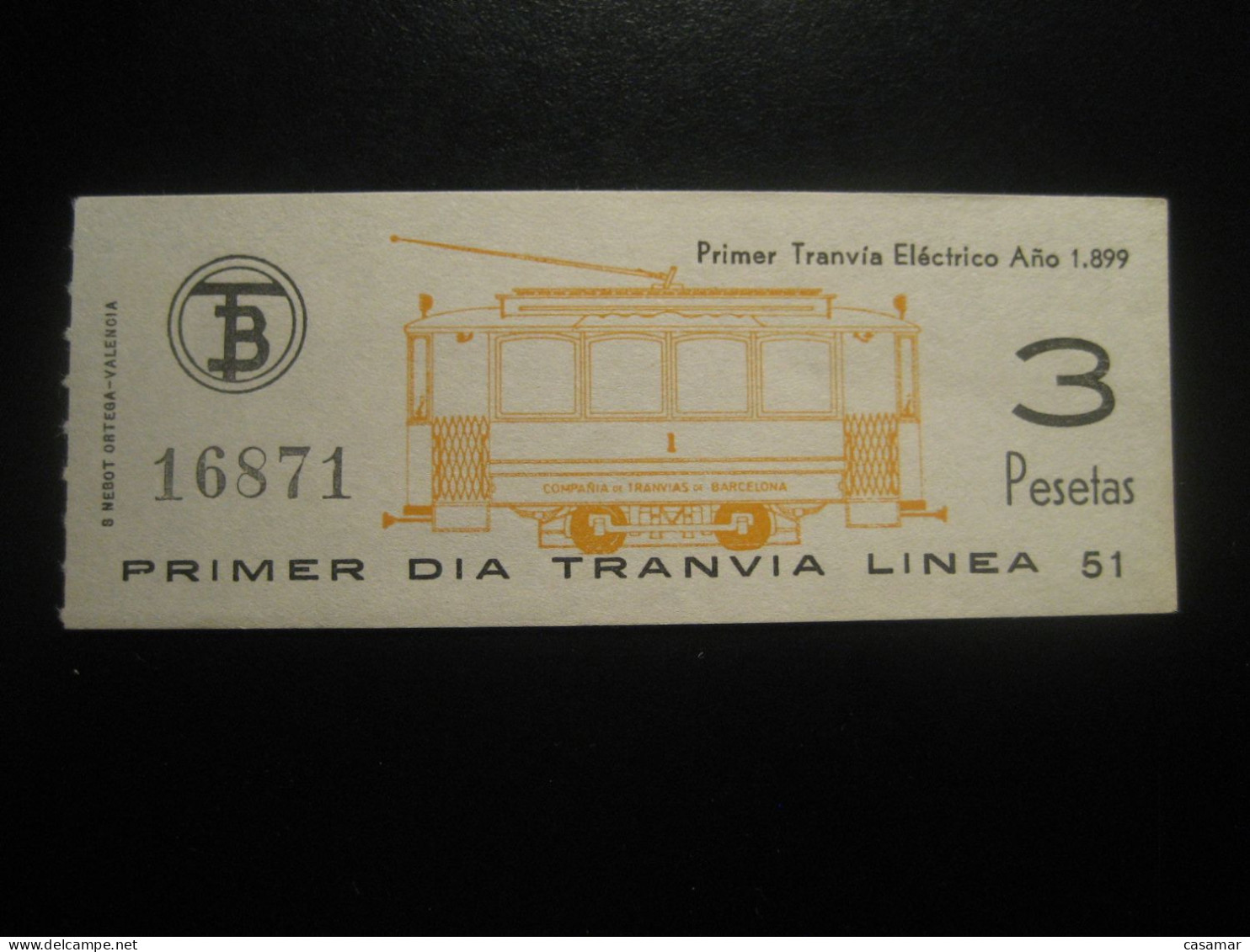 3 Pesetas Barcelona Primer Dia Tranvia Linea 51 First Day Tramway Tram Electric 1899 Advertise Transport Ticket Spain - Tranvie