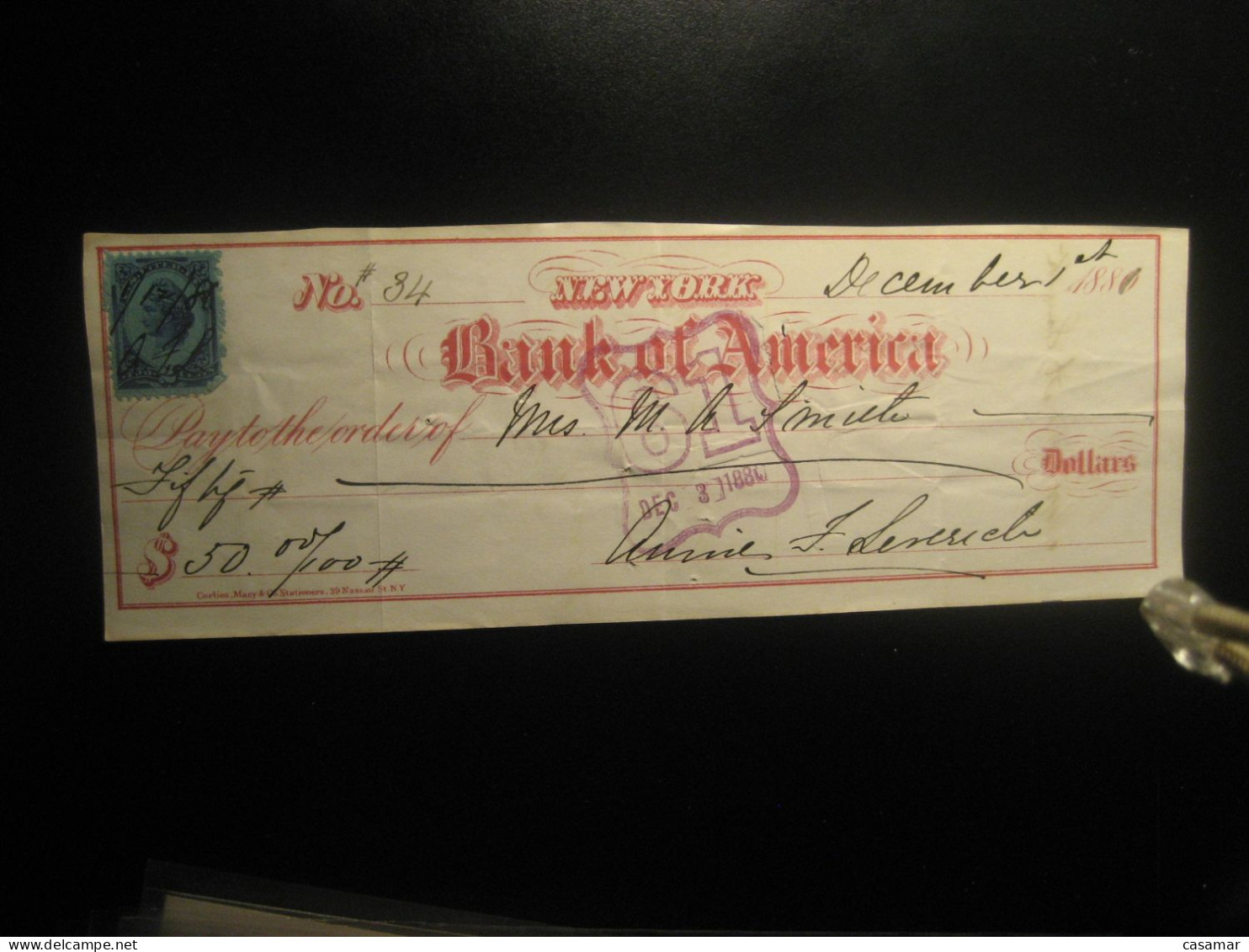 NEW YORK 1881 Bank Of America Bank Check Note + 2c Interior Revenue Tax Due Fiscal USA - Zonder Classificatie