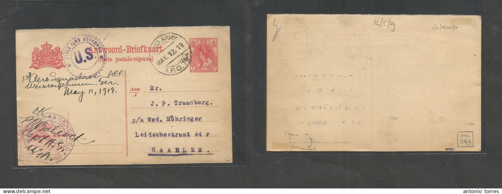 Airmails - World. 1919 (12 May) USA - NETHERLANDS. 5c Red Stat Card. Third Army APO 754, Censored + "FIRST AERO SQUADRON - Other & Unclassified
