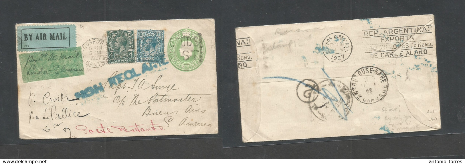 Airmails - World. 1927 (5 Jan) GB - Argentina, Gosport - Buenos Aires (10 Febr) Air Multifkd 1/2d Green Stat Env + 2 Adt - Autres & Non Classés