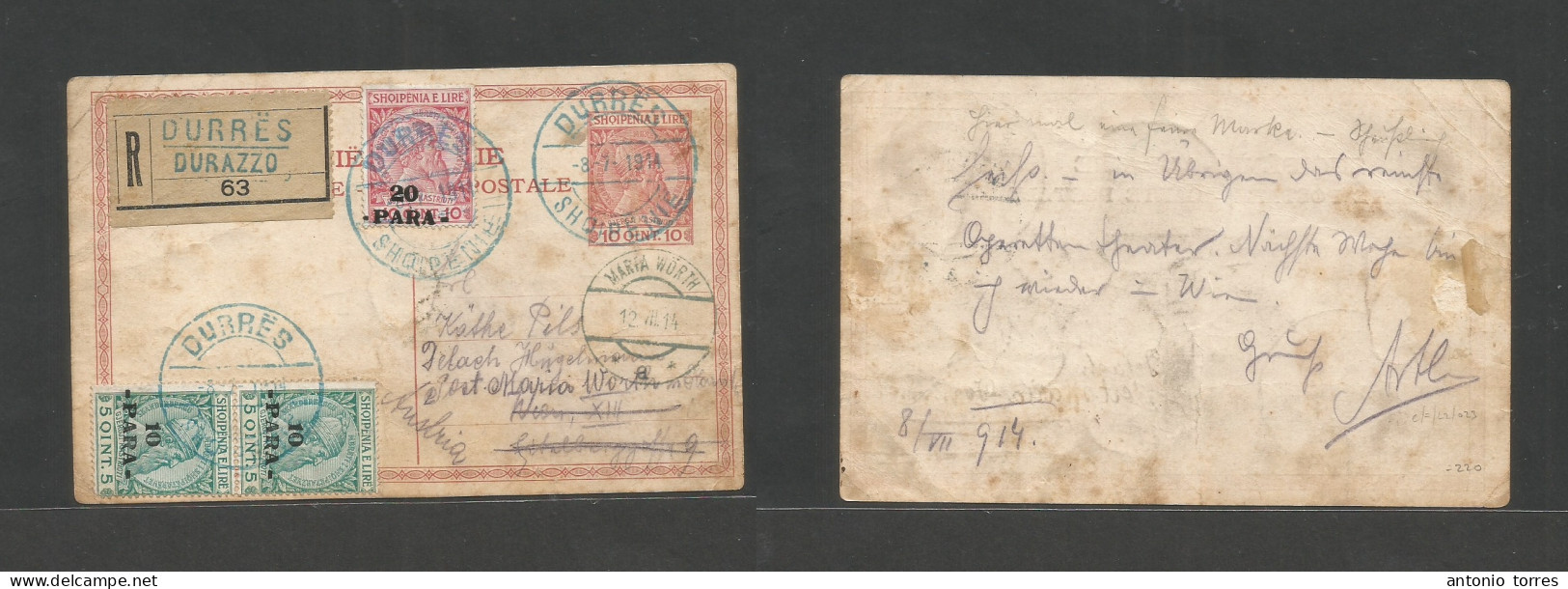 Albania. 1914 (8 July) Durres, Durazzo - Austria, Maria Worth (12 July) Registered 10c Rose Stat Card + 3 Adtls, Tied Bl - Albanie