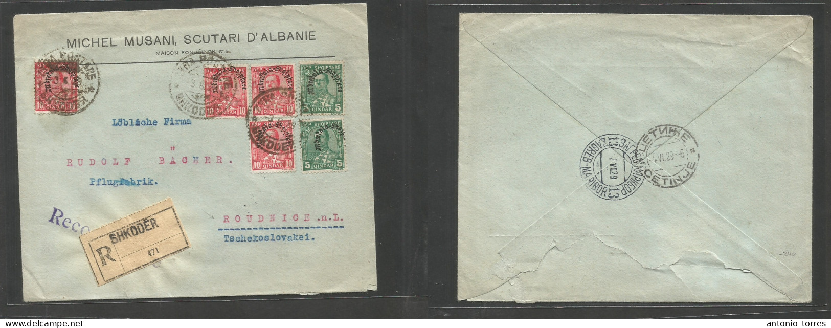 Albania. 1929 (3 June) Shkoder - Czecholovakia, Roudnice Via Montenegro - Zagreb. Registered Multifkd Ovptd Issue Comerc - Albania