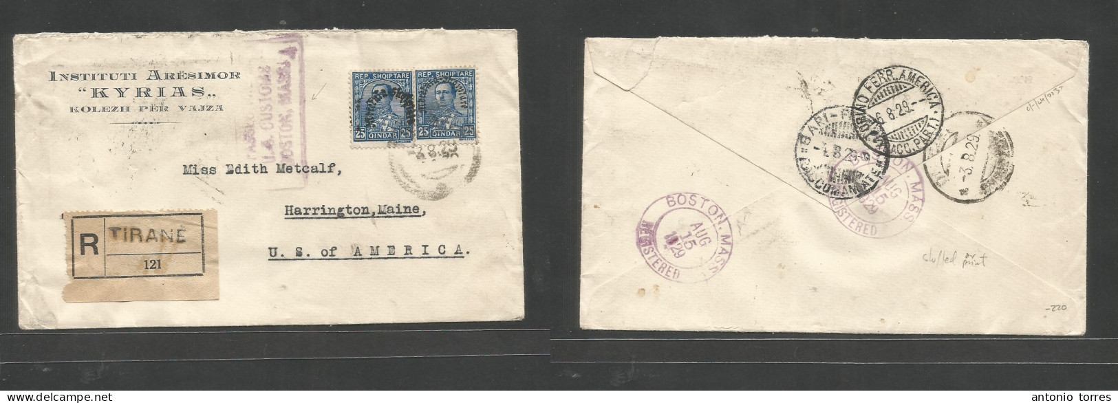 Albania. 1929 (3 Aug) Tirana - USA, Hampton, Me (15 Aug) Registered Multikd Ovptd Issue Comercial Envelope Via Torino - - Albanien