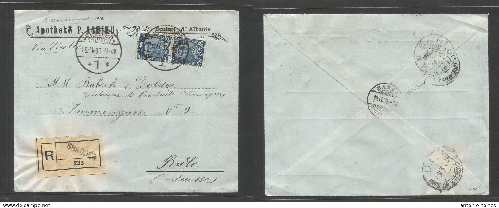 Albania. 1930 (16 Febr) Shkoder - Switzerland, Basel (19 Feb) Via Bologna - Bari. Registered Multifkd Ovptd Issue Envelo - Albanien