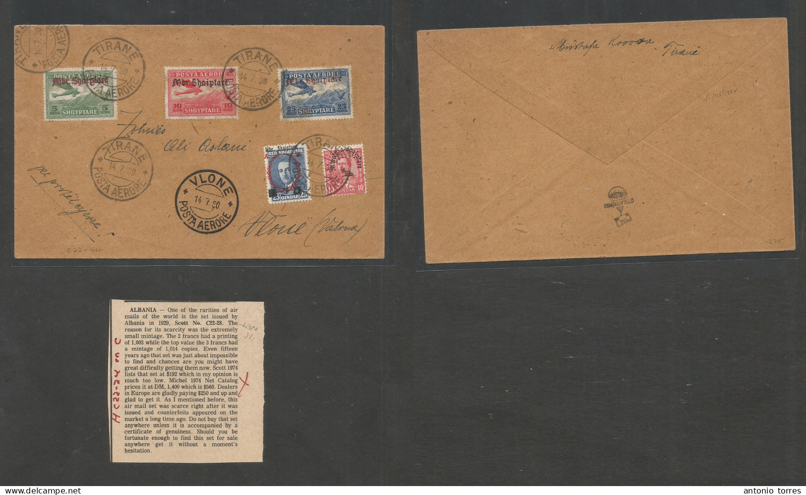 Albania. 1930 (14 July) Tirana - Vlone (14 July) Special Flight, Ovptd Mixed Issues Multifkd Envelope. Signed Reverse. V - Albania