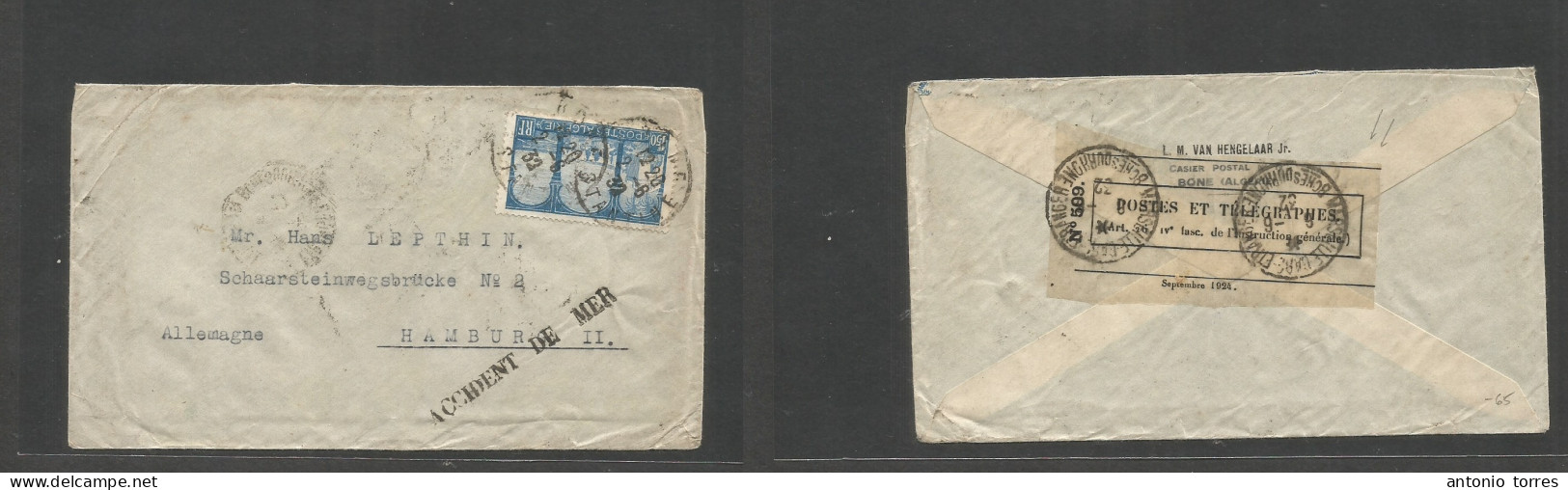 Algeria. 1932 (2 June) Bone, Constantine - Germany, Hamburg. Single 1,50fr Fkd Env, Cachet "Accident De Mer" + Reverse P - Algeria (1962-...)