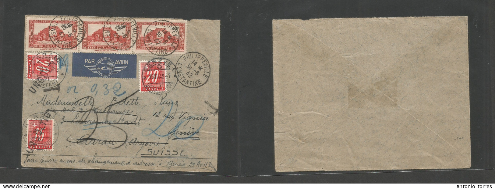 Algeria. 1942 (30 June) Philippeville - Switzerland, Aarau, Geneva (10 July) Air Multifkd Envelope + Taxed + Three Swiss - Algerije (1962-...)