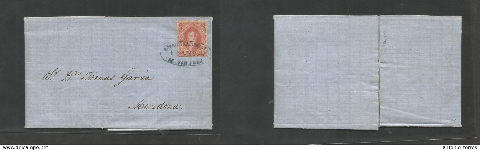 Argentina. 1864 (25 Aug) San Juan - Mendoza. EL With Full Text, Fkd 5c Red Perf. Rivadavia, Tied Franca Oval Blue Grey C - Andere & Zonder Classificatie