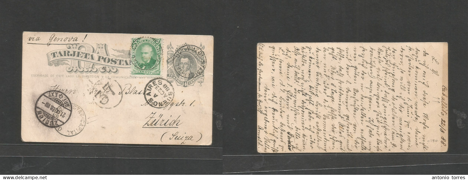 Argentina - Xx. 1888 (22 Aug) CABALLITO - Switzerland, Zurich (21 Sept) 4c Grey Stat Card + 2c Green Adtl Tied. Buzonist - Autres & Non Classés