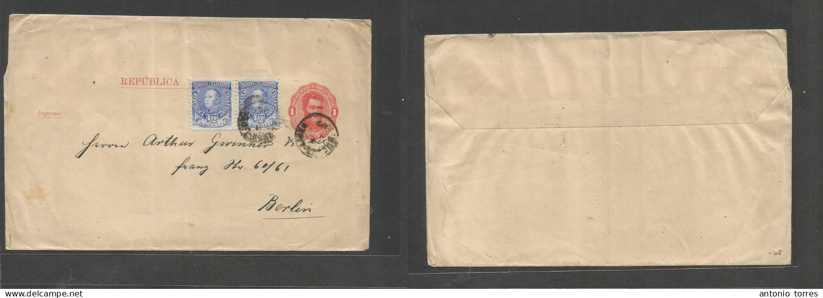 Argentina - Xx. 1889. Buenos Aires - Germany, Berlin. 1c Red Complete Stat Wrapper + 2 Adtls, At 2d Rate, Tied Cds. Fine - Autres & Non Classés