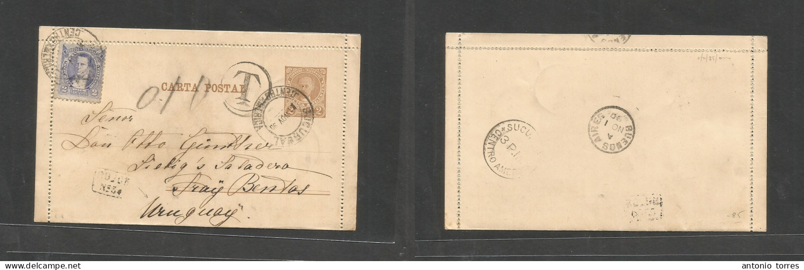 Argentina - Stationery. 1890 (1 Nov) Buenos Aires, Centro America Branch - Uruguay, Fray Bentos. 2c Brown Stat Lettershe - Other & Unclassified