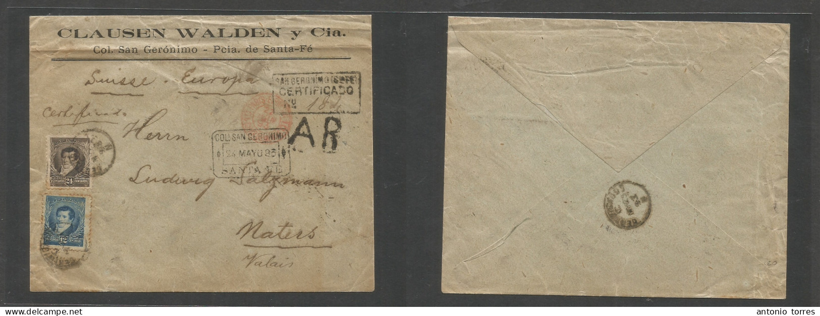 Argentina. 1893 (20 May) Col. San Jeronimo, SF - Switzerland, Naters, Valais. Registered AR Multifkd Env At 36c Rate, Ti - Autres & Non Classés