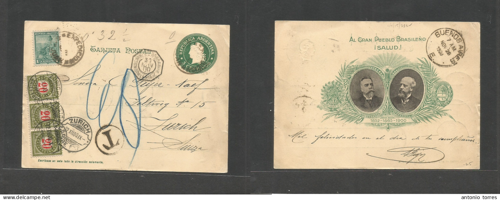 Argentina - Stationery. 1900 (28 Nov) Buenos Aires Expedicion - Switzerland, Zurich (22 Dec) 5c Green Illustr Stat Card, - Andere & Zonder Classificatie