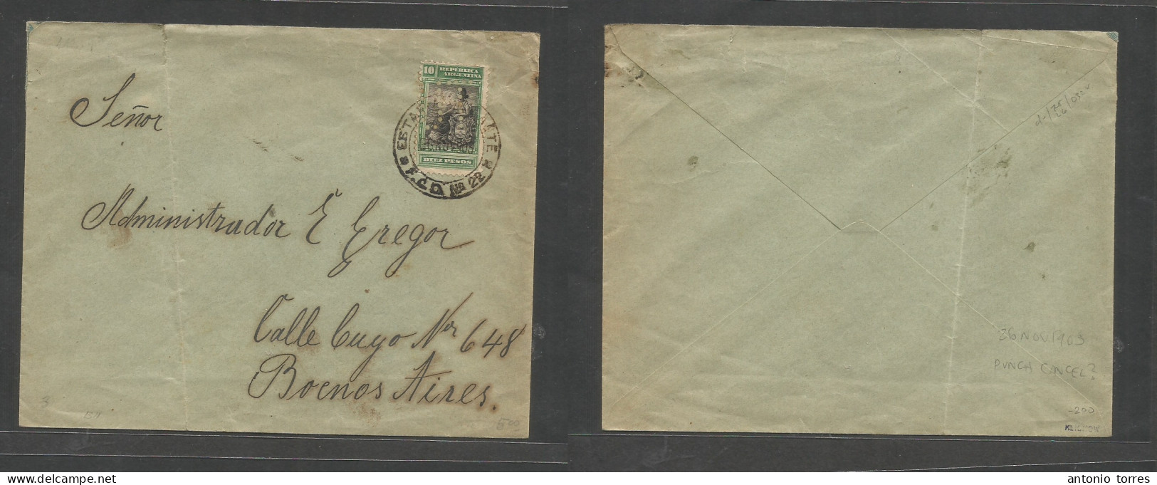Argentina - Xx. 1905 (26 Nov) Est. Sta Fe, Fco Nº22 (TPO) - Buenos Aires. Fkd Local Envelope, With Top Values 10 Pesos, - Other & Unclassified