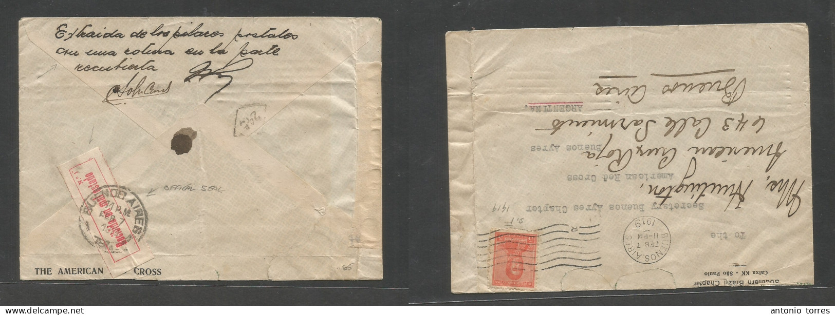 Argentina. 1919 (7 Feb) Brazil - Buenos Aires, Fwded Locally Unfkd Env + Posted Locally + Reverse Arrived Opened (?, Or - Other & Unclassified