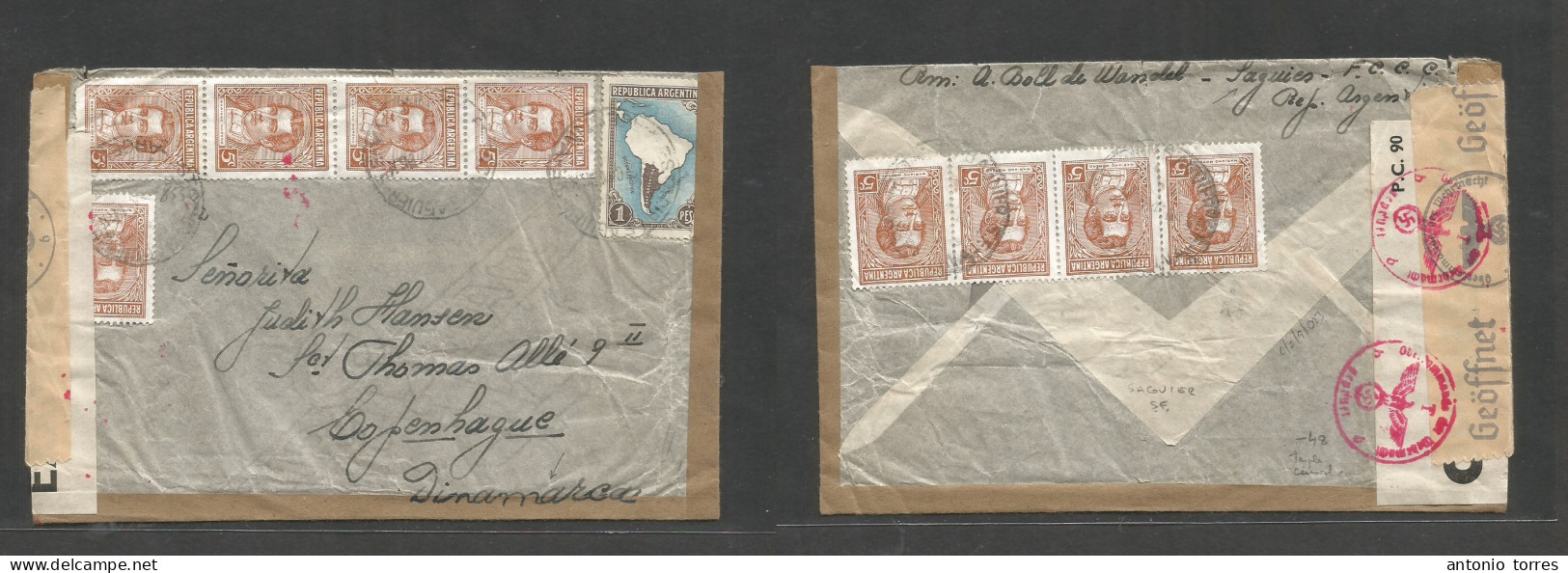 Argentina - Xx. 1941 (Sept) Saguier, SF - Denmark, Cph. Multifkd Proceres With Triple Censored Envelope Usage, At 1,45 P - Altri & Non Classificati