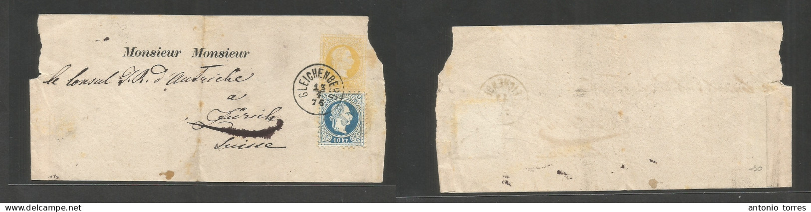 Austria - Stationery. 1876 (13 April) Gleichenberg - Switzerland, Zurich 2kr Yellow Stat Wrapper + 10 Kr Adtl, Tied Cds. - Other & Unclassified