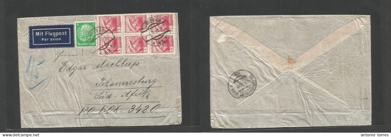 Austria - Xx. 1938 (4 June) Wien 68 - South Africa, Joburg. Air Multifkd Mixed With Germany Envelope. Better Dest Usage - Other & Unclassified