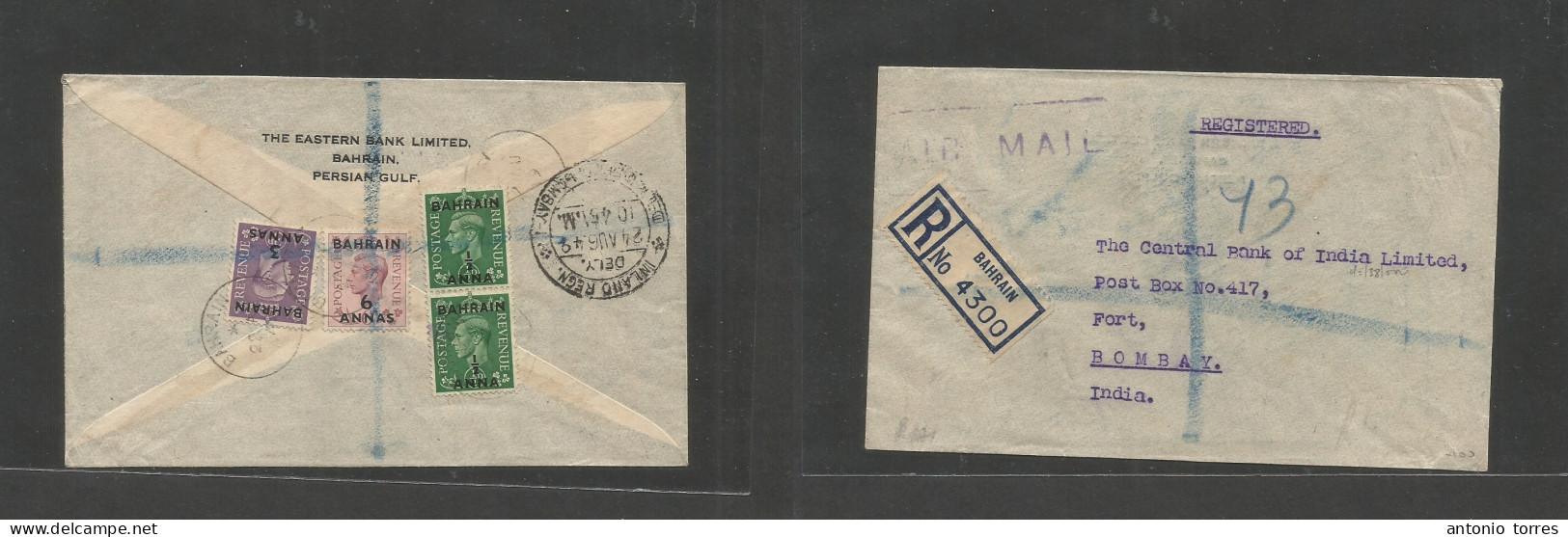 Bahrain. 1948 (22 Aug) GPO - India, Bombay (24 Aug) Registered Reverse Multifkd Env, Ovpt Issue, Tied Cds. Fine. - Bahrein (1965-...)
