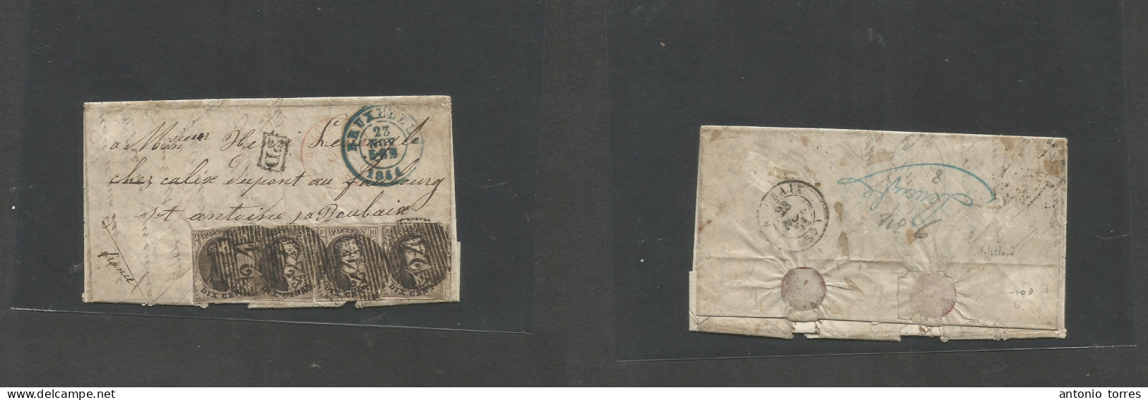 Belgium. 1851 (23 Nov) Bruxelles - Roubaix (25 Nov) EL With Text Fkd 10c Brown Second Design (x4) Tied "24" Grills + Cds - Other & Unclassified