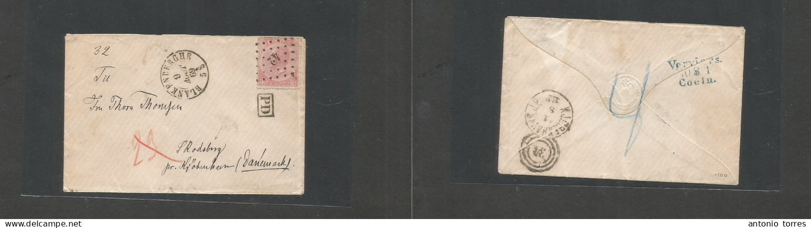 Belgium. 1869 (9 Aug) Blankenberghe - Denmark, Skodsborg (11 Aug) Fkd Envelope 40c Rose Epanletter, Tied "42" Dots + Cds - Other & Unclassified