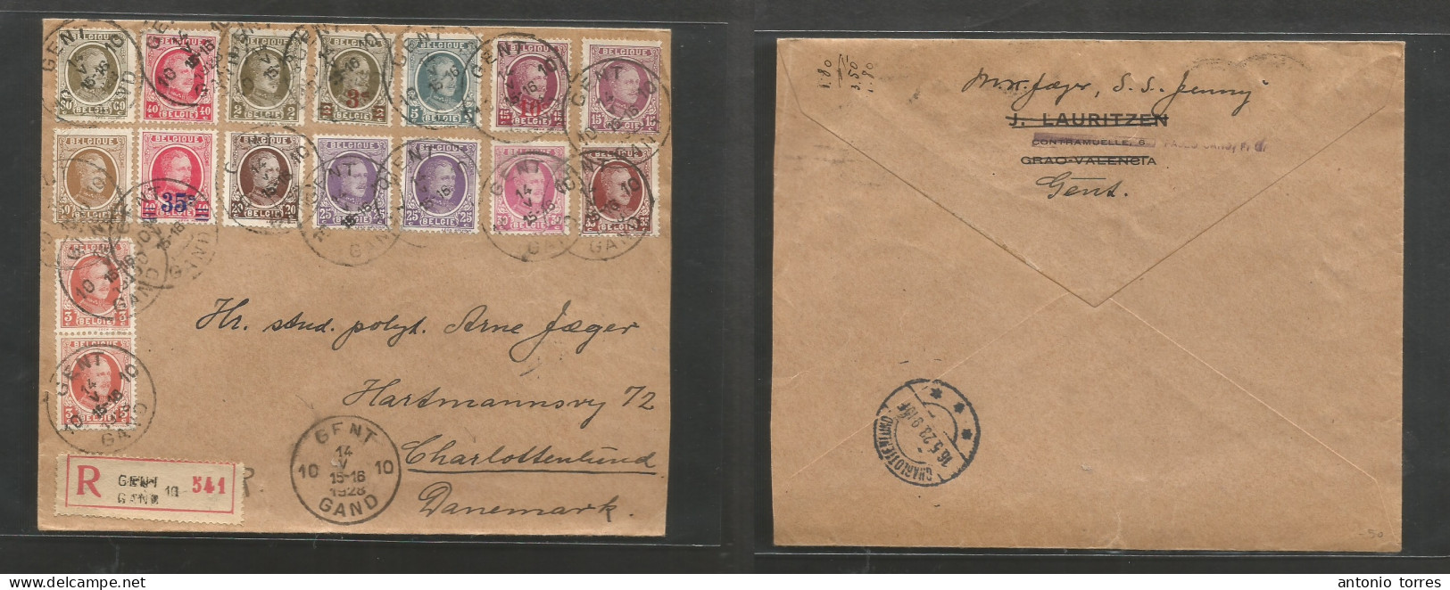 Belgium - Xx. 1928 (14 May) Gent - Denmark, Charlottenlund (16 May) Registered Massive Multifkd Envelope. Fine + Dest. - Other & Unclassified