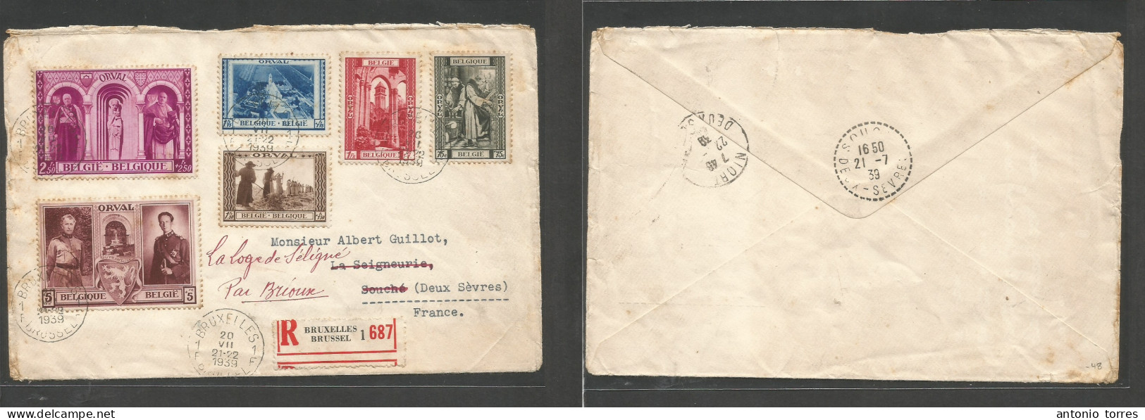 Belgium - Xx. 1939 (20 July) Bruxelles - France, Souche (22 July) Registered Multifkd Orval Issue Envelope. VF. Comm Iss - Other & Unclassified