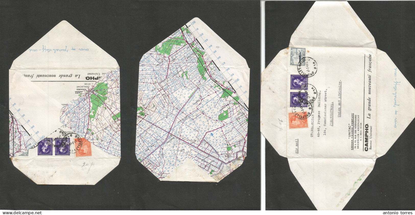 Belgium - Xx. 1945 (17 July) Bruxelles - South Africa, Joburg. German Map Made Envelope, Multifkd (after War Lack Of Pap - Other & Unclassified