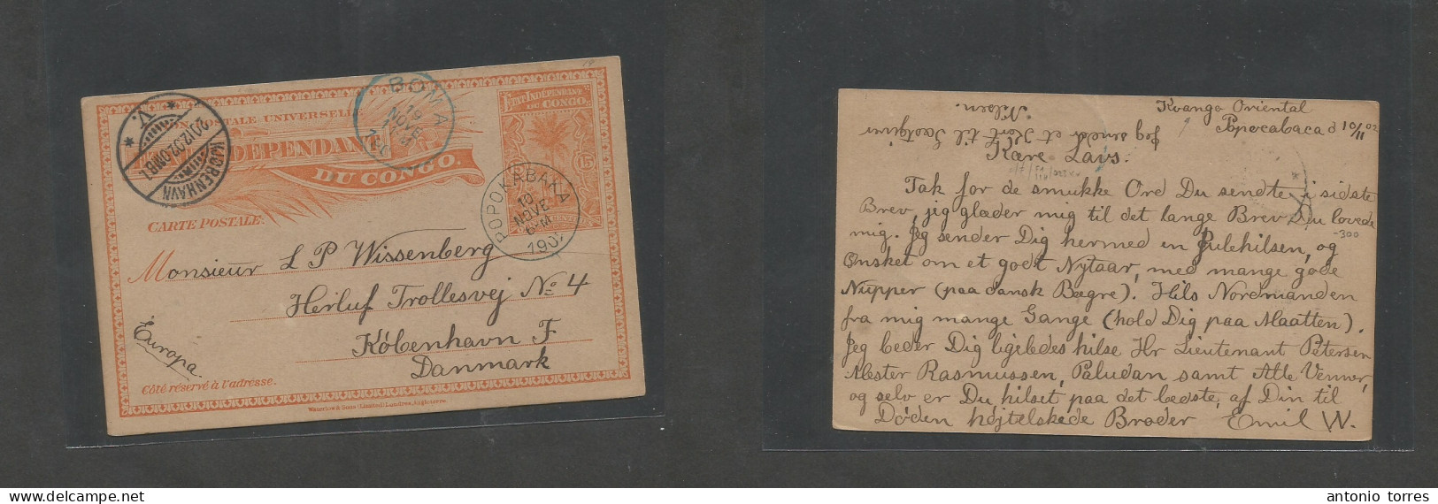 Belgian Congo. 1902 (10 Nov) Etat Independant. Popokabaka, Kwango Oriental - Denmark, Cph (20 Dec) 15c Orange Stat Card, - Sonstige & Ohne Zuordnung