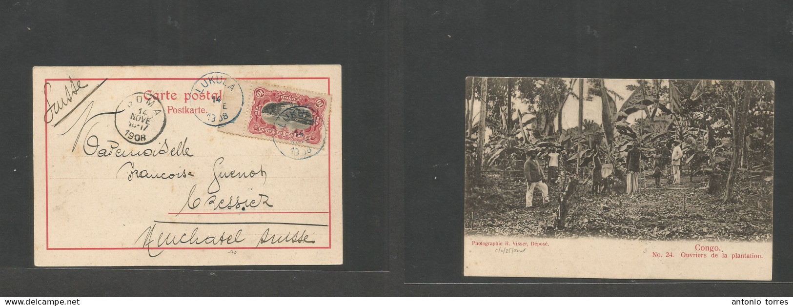 Belgian Congo. 1908 (14 Nov) Lukula - Switzerland, Neuchatel Via Boma. Fkd Photo Ppc 10c Red / Black Tied Twice Cds. Pla - Autres & Non Classés