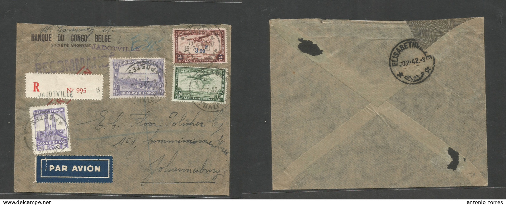 Belgian Congo. 1942 (19 Febr) Jadotville - South Africa, Joburg Via Elisabethville. Registered Air Multifkd Envelope At - Andere & Zonder Classificatie