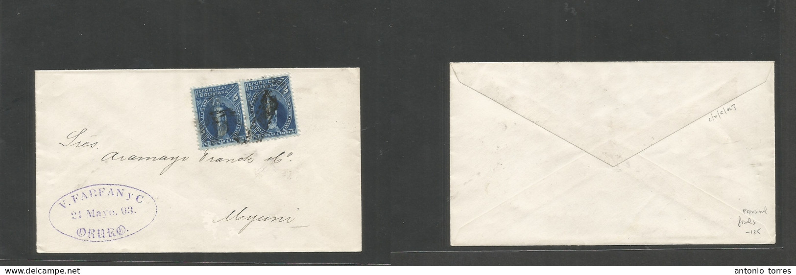 Bolivia. 1893 (21 May) Oruno - Uyuni. Provisional FISCALS Multifkd Env 5c Blue Pair TRANSACCIONALES Cork Cancel. Fine An - Bolivia