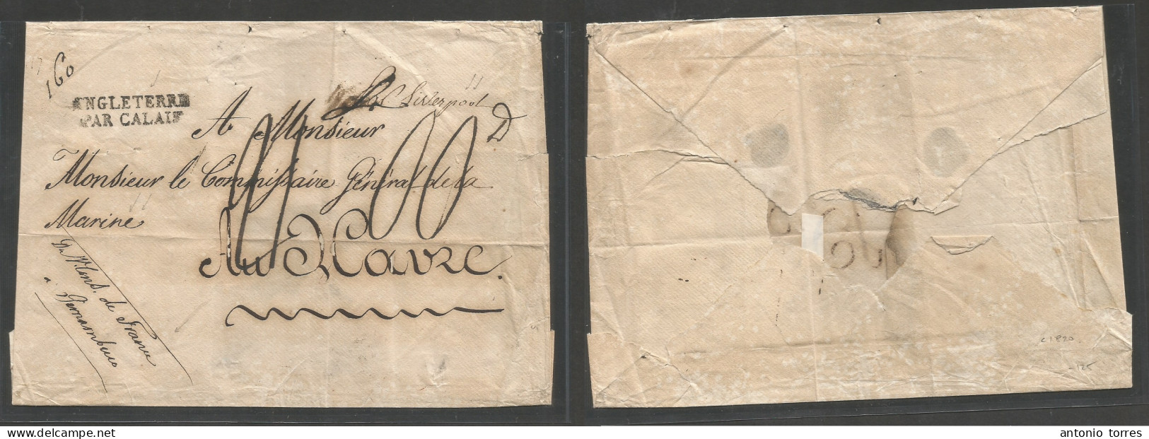 Brazil - Stampless. C. 1820s. French Consular Mail, Pernambuco - France, Havre Via Liverpool, UK, High Mns Charge + "Ang - Otros & Sin Clasificación