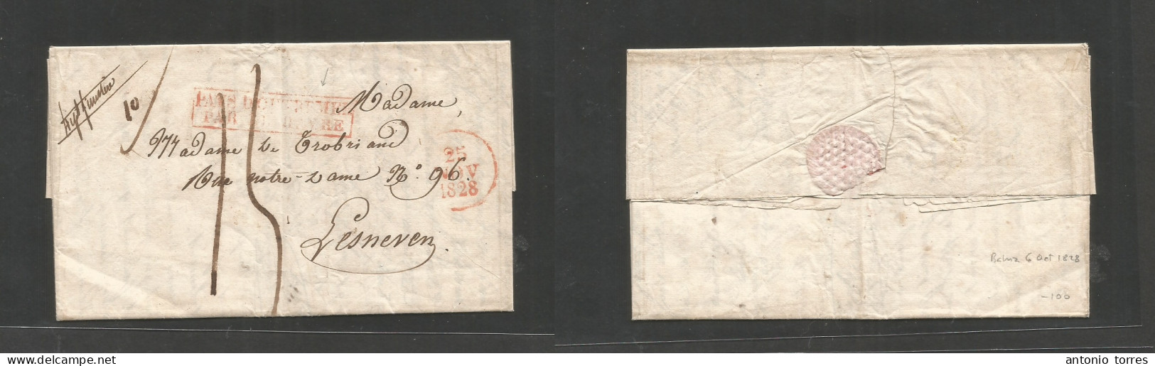 Brazil - Stampless. 1828 (6 Oct) Bahia - Lesneven, France (25 Nov) Stampless EL With Text, Red Box "Pays Ohtremer / Par - Sonstige & Ohne Zuordnung