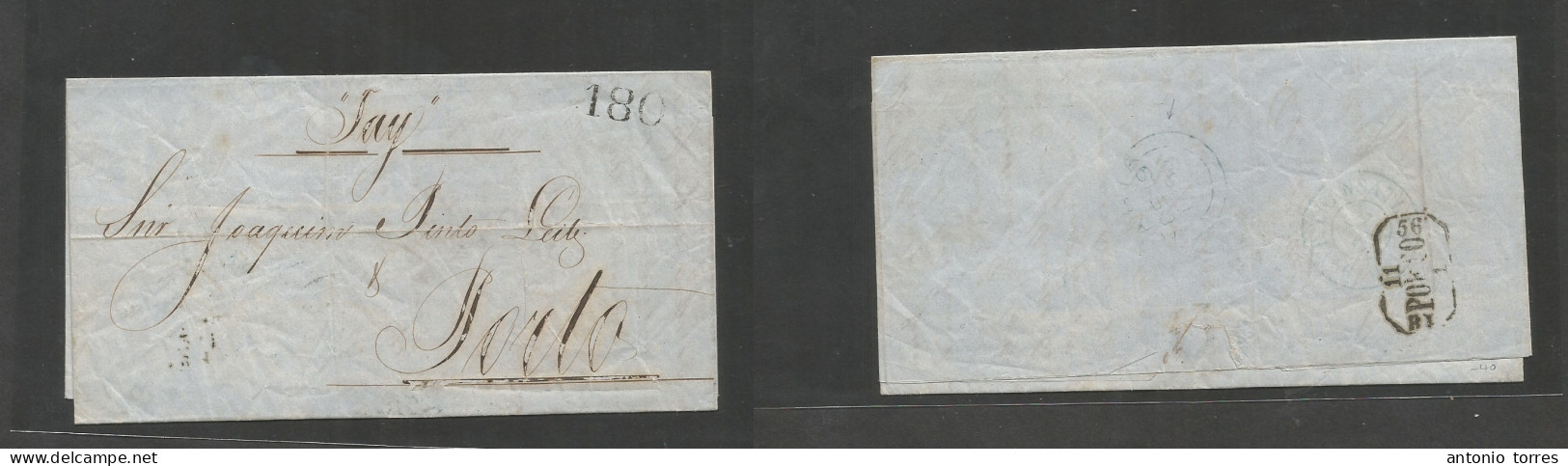 Brazil - Stampless. 1855 (17 Sept) Bahia - Portugal, Porto (18,1,56) EL Full Text, Mns "per TAY" Steamer, Reverse Violet - Otros & Sin Clasificación