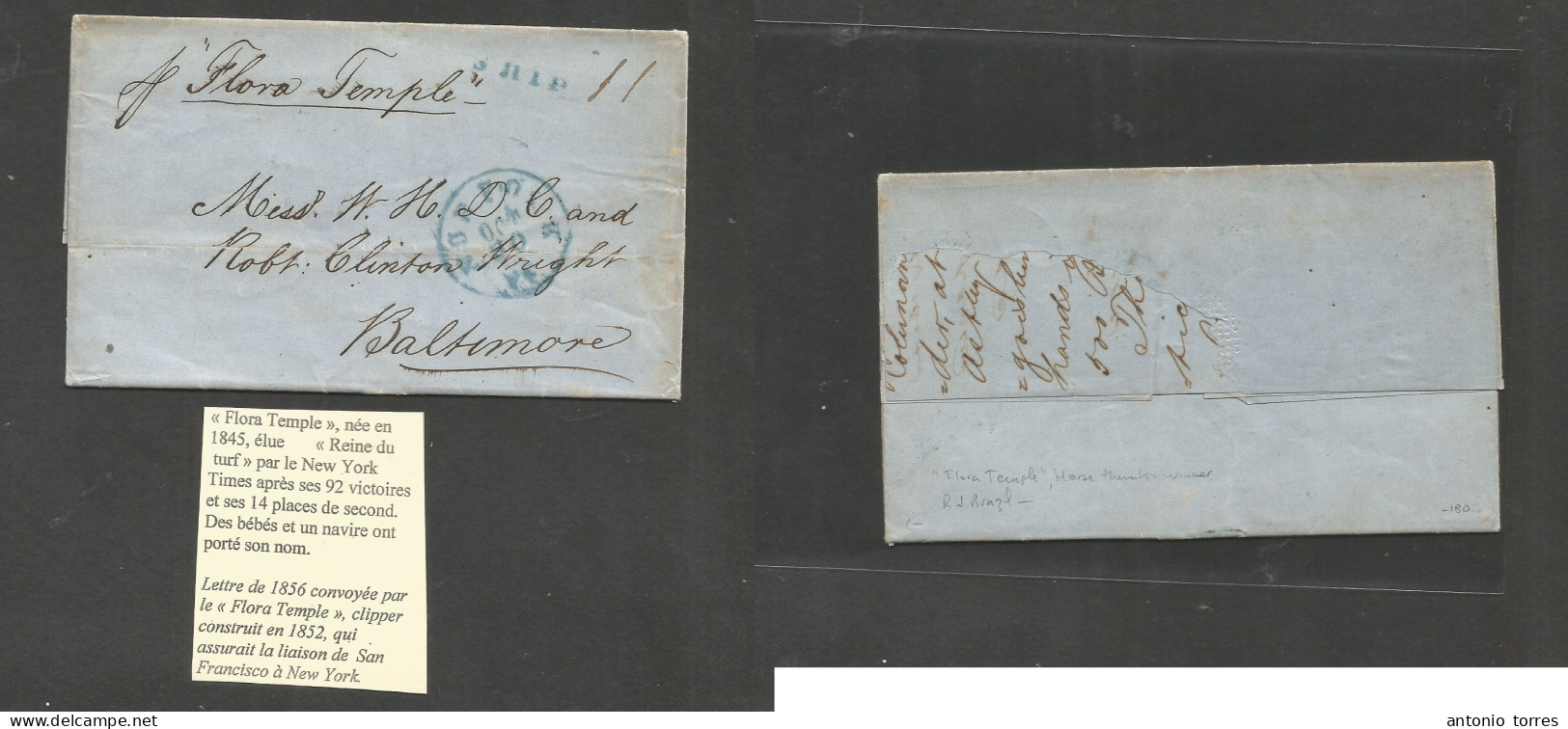 Brazil. 1856 (19 Sept) Rio De Janeiro - US, Baltimore (Oct 20) EL With Text Carried By "Flora Temple" With Norfolk, Va B - Other & Unclassified